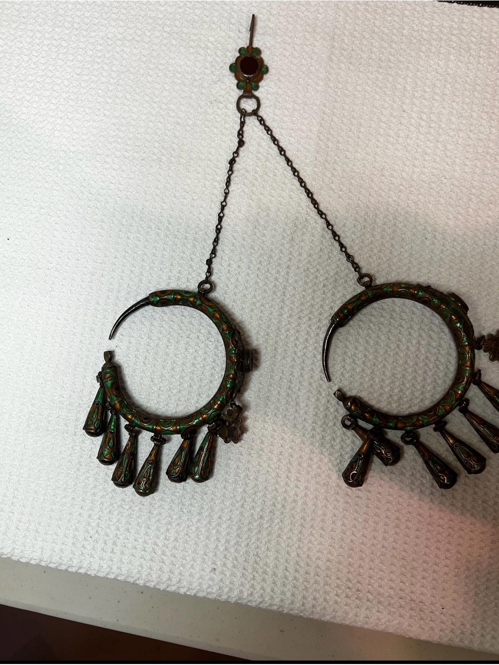 Vintage-Inspired Green Enamel Hoop Dangle Earrings